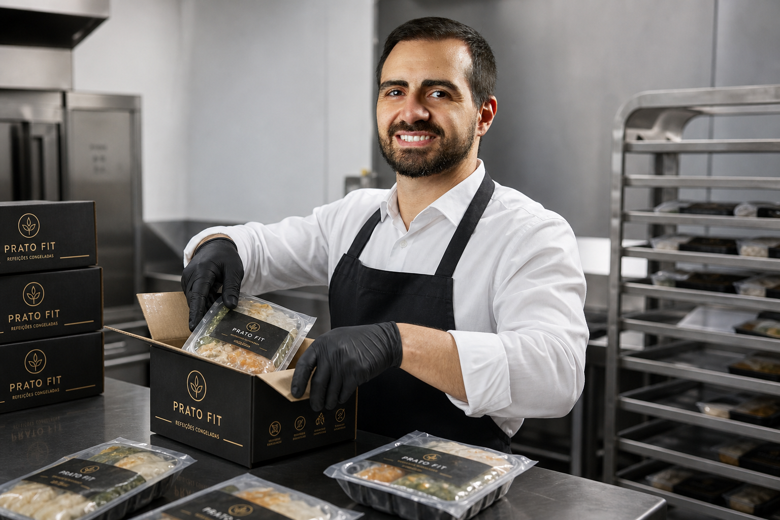 Eric empacotando comida congelada na cozinha